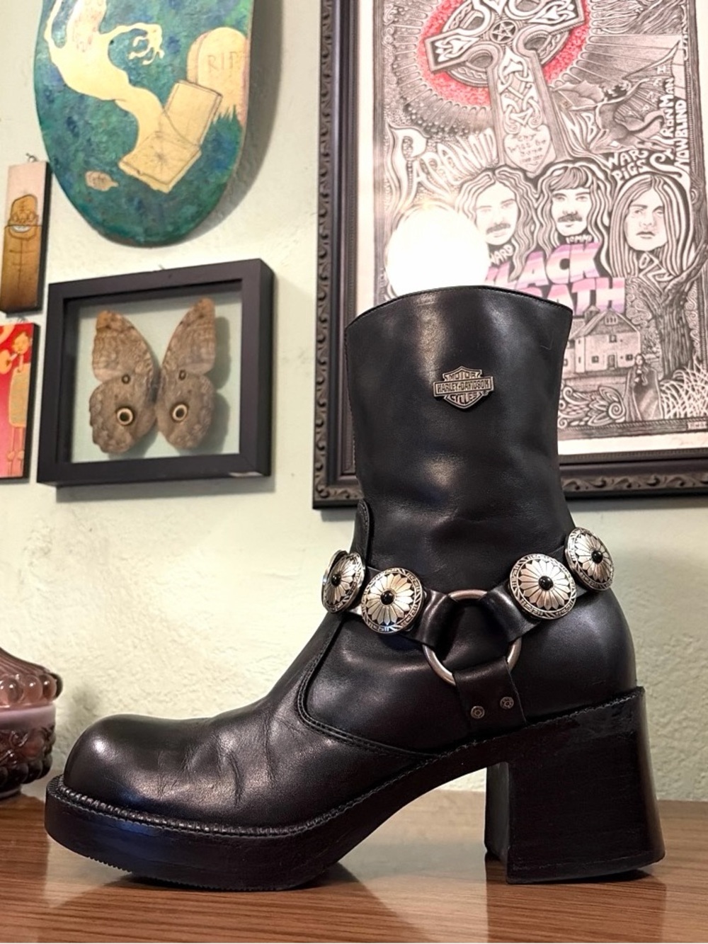 🦅Vintage Harley Davidson Chunky Biker Boots w/ Custom Concho Harnesses🌵